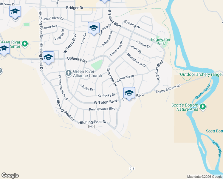 map of restaurants, bars, coffee shops, grocery stores, and more near 1410 California Way in Green River