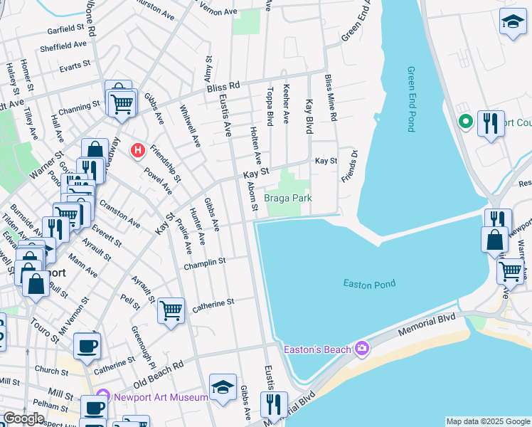 map of restaurants, bars, coffee shops, grocery stores, and more near 1 Daniel Street in Newport