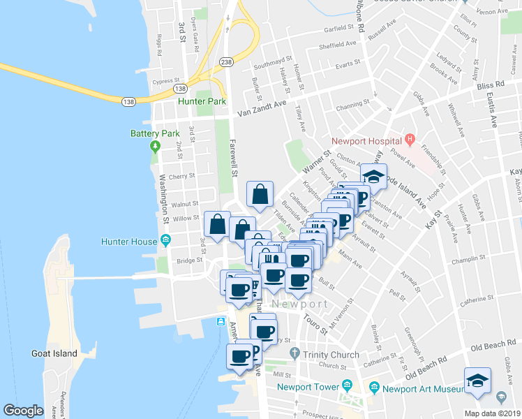 map of restaurants, bars, coffee shops, grocery stores, and more near 10 Warner Street in Newport