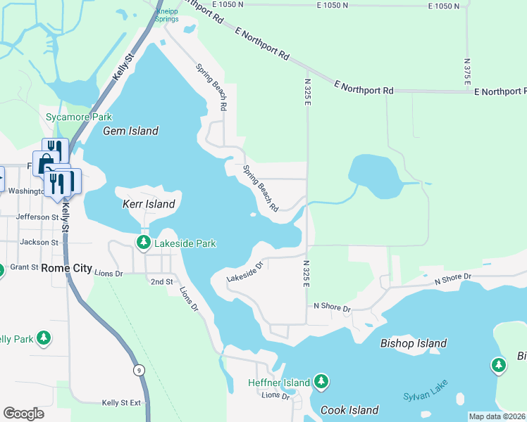 map of restaurants, bars, coffee shops, grocery stores, and more near 680 Spring Beach Road in Rome City