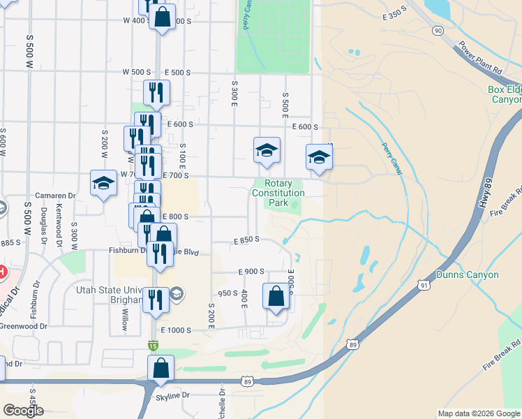 map of restaurants, bars, coffee shops, grocery stores, and more near 787 South 425 East in Brigham City