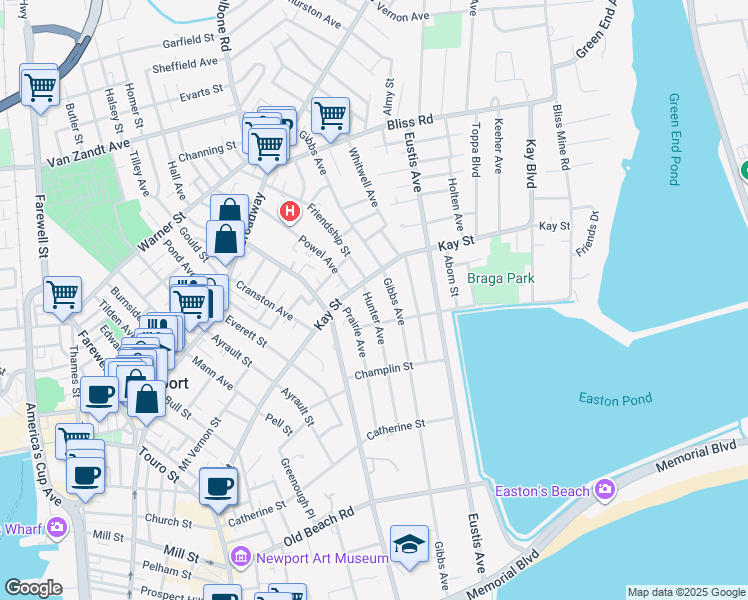 map of restaurants, bars, coffee shops, grocery stores, and more near 6 Hunter Avenue in Newport