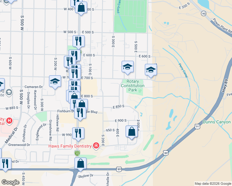 map of restaurants, bars, coffee shops, grocery stores, and more near 770 South 400 East in Brigham City
