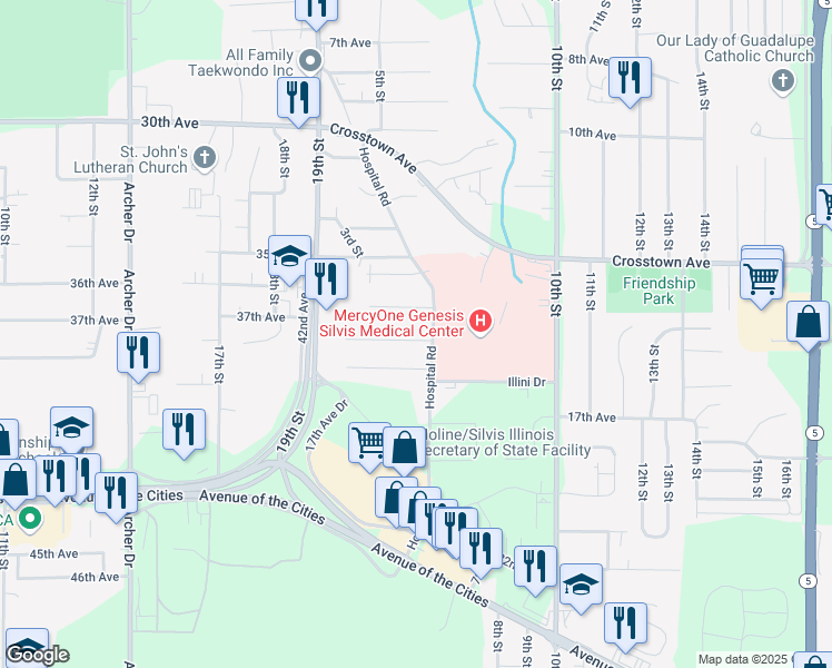 map of restaurants, bars, coffee shops, grocery stores, and more near 539 15th Avenue in Silvis