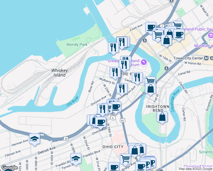 map of restaurants, bars, coffee shops, grocery stores, and more near 1289 West 25th Street in Cleveland