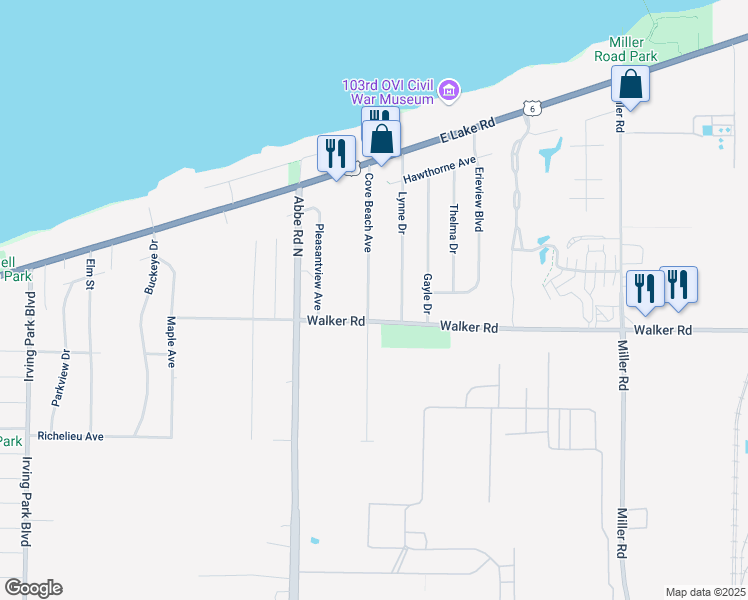 map of restaurants, bars, coffee shops, grocery stores, and more near 329 Cove Beach Avenue in Sheffield Lake