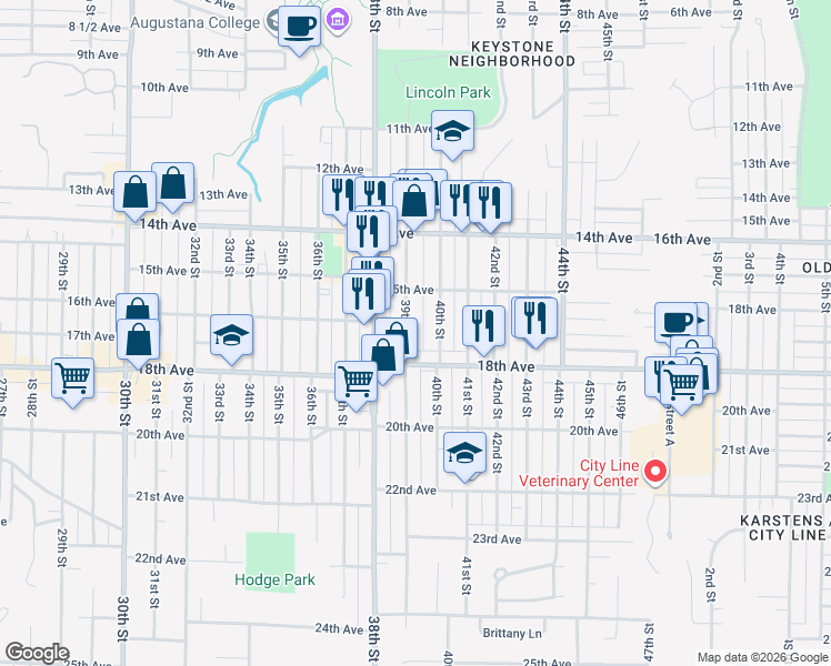 map of restaurants, bars, coffee shops, grocery stores, and more near 1541 39th St in Rock Island
