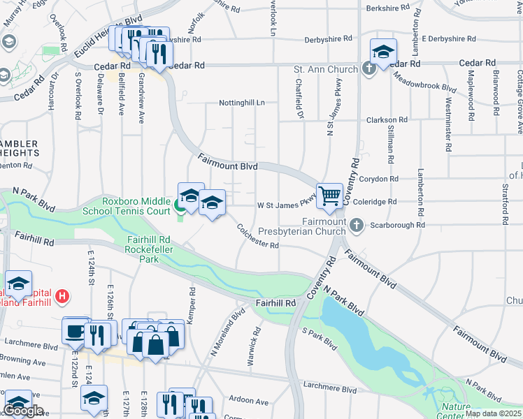 map of restaurants, bars, coffee shops, grocery stores, and more near 2640 West Street James Parkway in Cleveland Heights