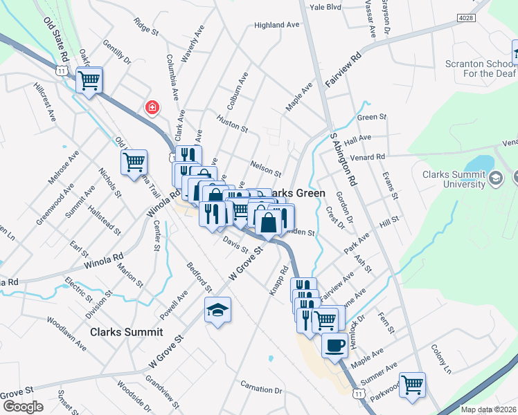 map of restaurants, bars, coffee shops, grocery stores, and more near 200 Claremont Avenue in Clarks Summit