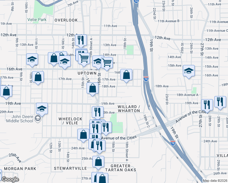 map of restaurants, bars, coffee shops, grocery stores, and more near 1813 18th Street in Moline