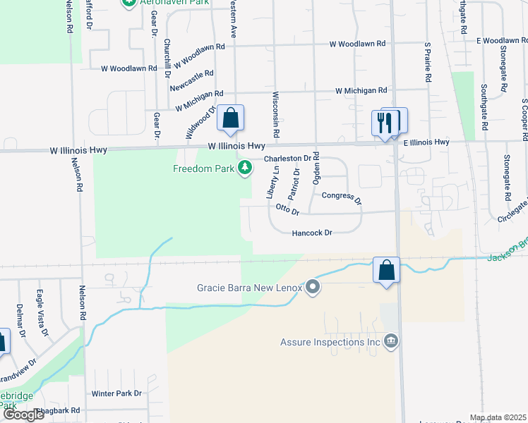 map of restaurants, bars, coffee shops, grocery stores, and more near 1215 Hancock Drive in New Lenox