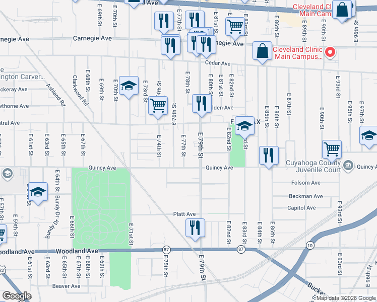 map of restaurants, bars, coffee shops, grocery stores, and more near 2357 East 77th Street in Cleveland