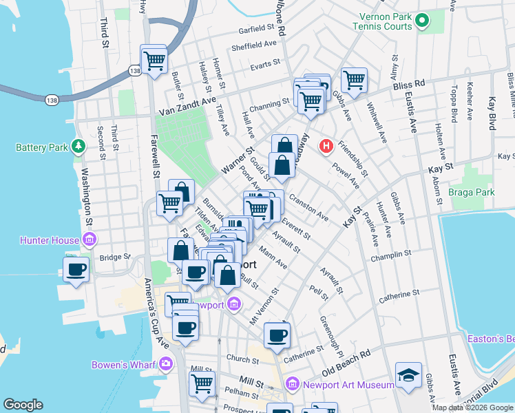 map of restaurants, bars, coffee shops, grocery stores, and more near 5 Stewart Street in Newport