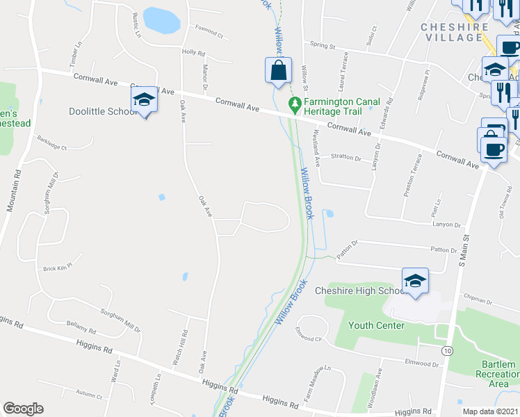 map of restaurants, bars, coffee shops, grocery stores, and more near 470 Oak Avenue in Cheshire