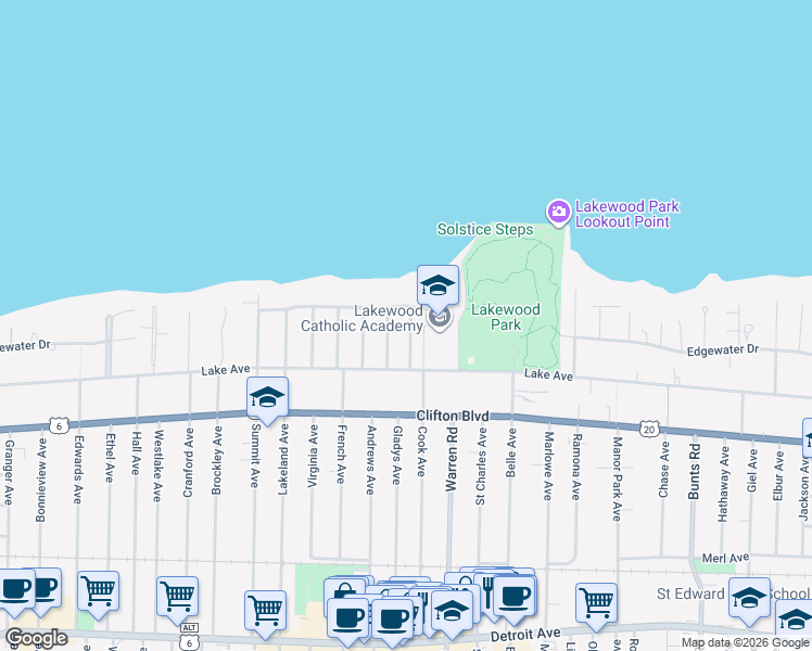 map of restaurants, bars, coffee shops, grocery stores, and more near 1060 Abbieshire Avenue in Lakewood