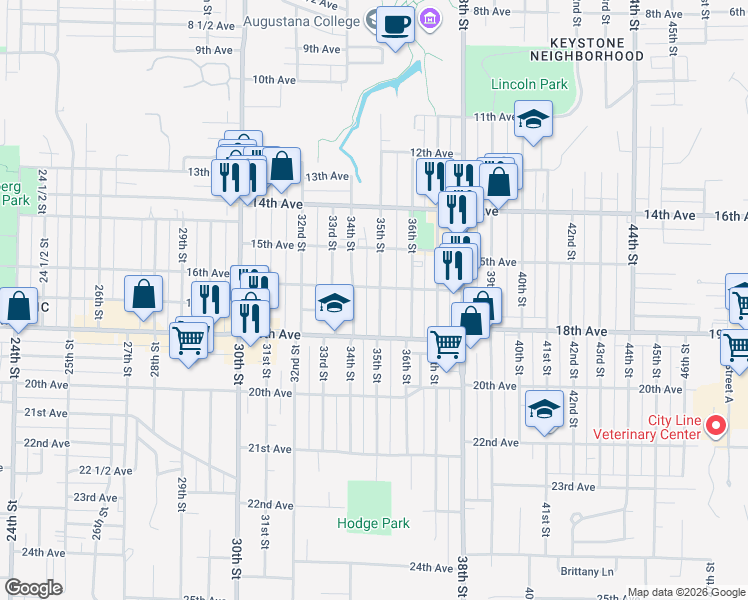 map of restaurants, bars, coffee shops, grocery stores, and more near 1611 34th Street in Rock Island
