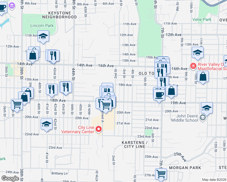 map of restaurants, bars, coffee shops, grocery stores, and more near 1817 2nd Street in Moline