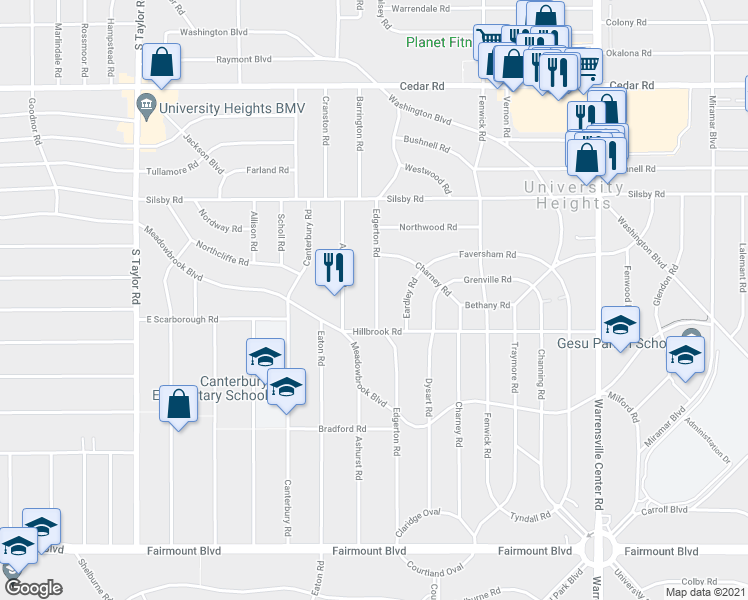 map of restaurants, bars, coffee shops, grocery stores, and more near 2388 Edgerton Rd in University Heights
