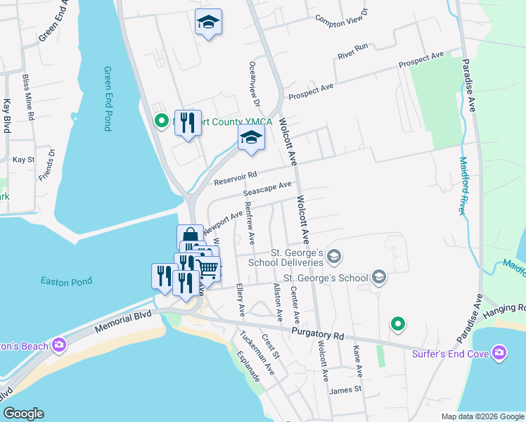 map of restaurants, bars, coffee shops, grocery stores, and more near 127 Newport Avenue in Middletown