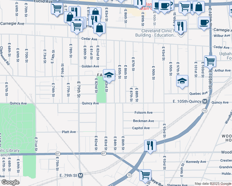 map of restaurants, bars, coffee shops, grocery stores, and more near 2361 East 84th Street in Cleveland