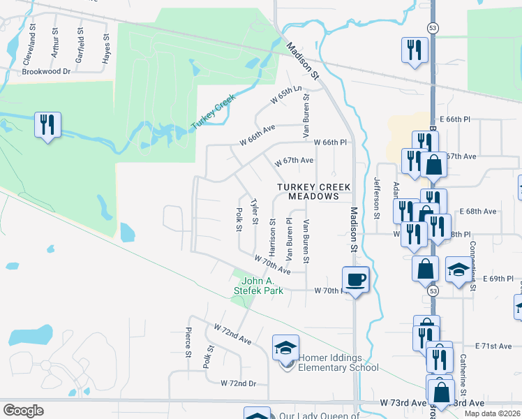 map of restaurants, bars, coffee shops, grocery stores, and more near 6823 Tyler St in Merrillville