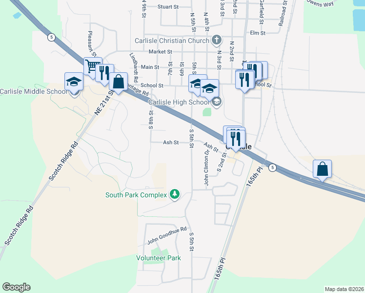 map of restaurants, bars, coffee shops, grocery stores, and more near 620 Ash Street in Carlisle