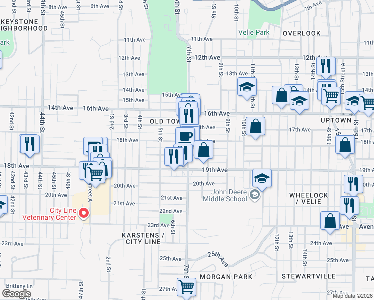 map of restaurants, bars, coffee shops, grocery stores, and more near 1819 7th Street in Moline
