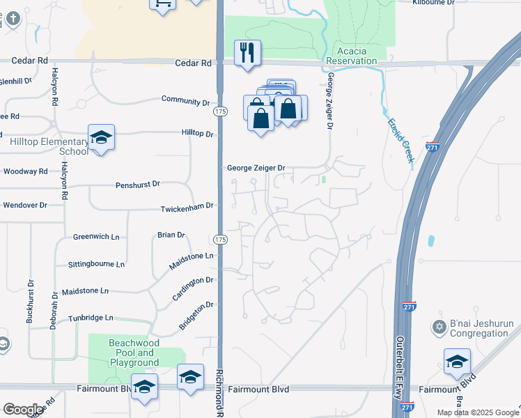 map of restaurants, bars, coffee shops, grocery stores, and more near 8 Dorset Court in Beachwood
