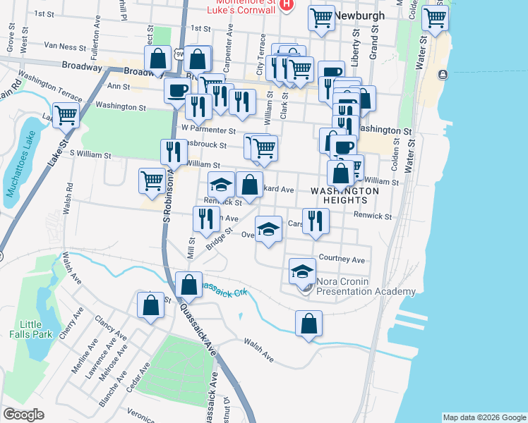 map of restaurants, bars, coffee shops, grocery stores, and more near 142 South Clark Street in Newburgh