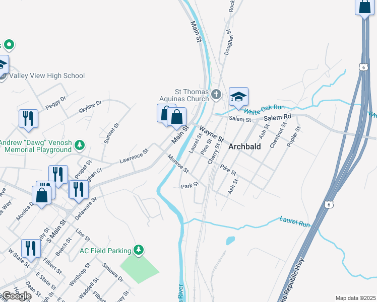 map of restaurants, bars, coffee shops, grocery stores, and more near 264 Laurel St in Archbald