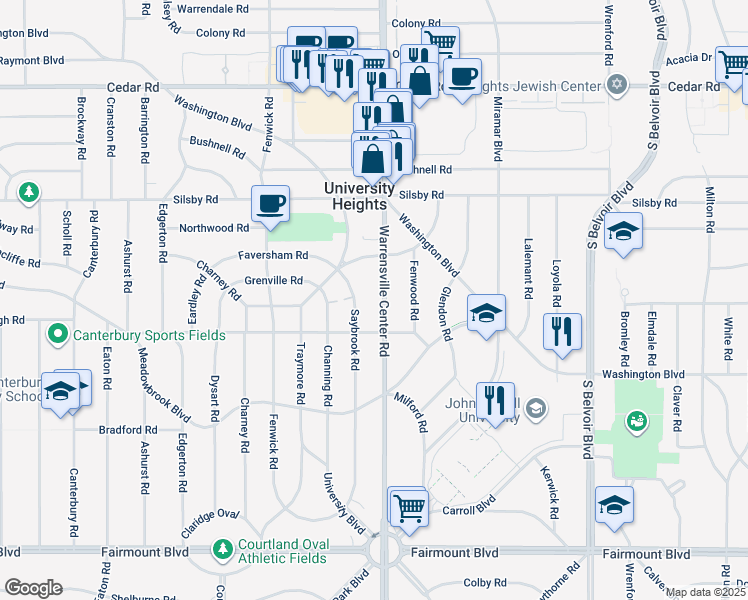 map of restaurants, bars, coffee shops, grocery stores, and more near 2393 Saybrook Road in University Heights