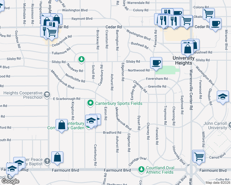 map of restaurants, bars, coffee shops, grocery stores, and more near 2388 Ashurst Road in University Heights