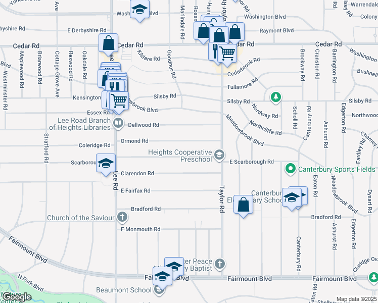 map of restaurants, bars, coffee shops, grocery stores, and more near 3349 East Scarborough Road in Cleveland Heights