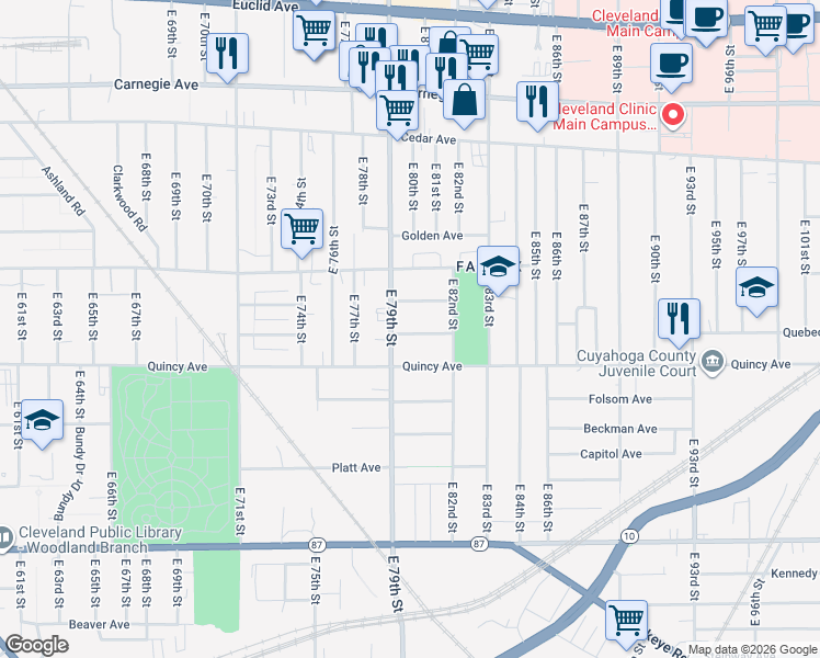 map of restaurants, bars, coffee shops, grocery stores, and more near 2361 East 79th Street in Cleveland