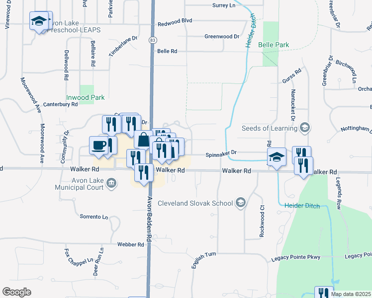 map of restaurants, bars, coffee shops, grocery stores, and more near 90 Landings Way in Avon Lake