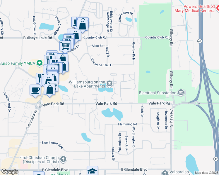 map of restaurants, bars, coffee shops, grocery stores, and more near 2909 Winchester Drive in Valparaiso