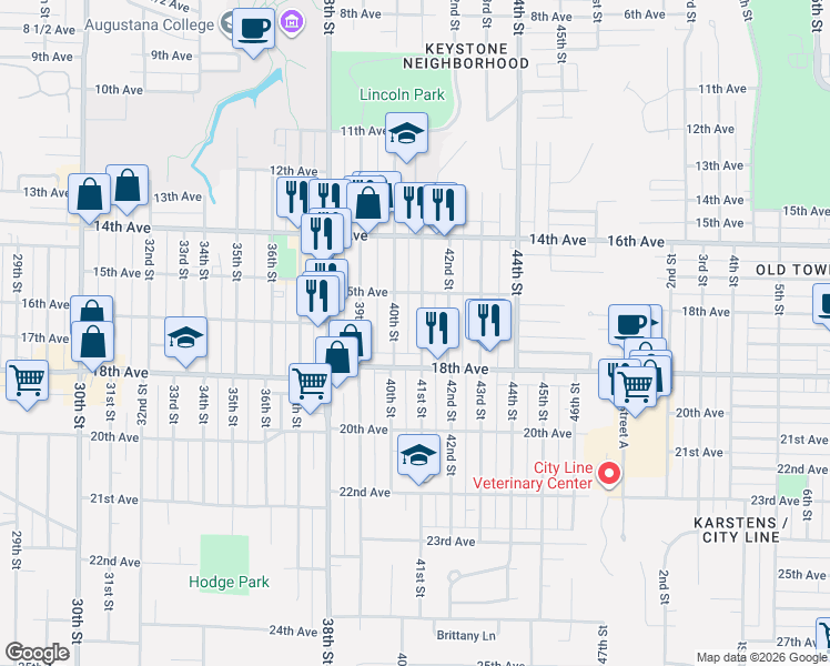 map of restaurants, bars, coffee shops, grocery stores, and more near 1536 41st Street in Rock Island