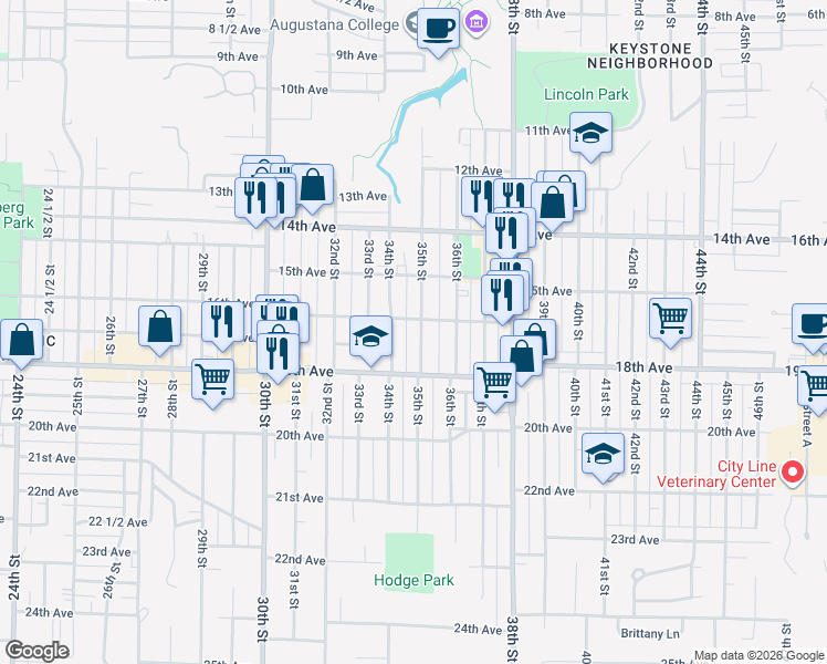 map of restaurants, bars, coffee shops, grocery stores, and more near 1611 34th Street in Rock Island