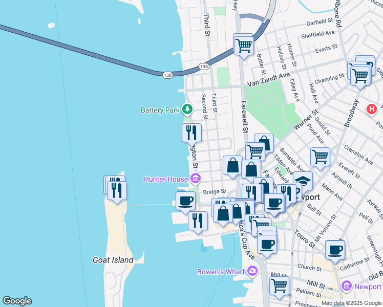 map of restaurants, bars, coffee shops, grocery stores, and more near 78 Washington Street in Newport