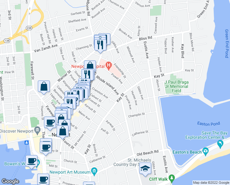 map of restaurants, bars, coffee shops, grocery stores, and more near 37 Rhode Island Avenue in Newport