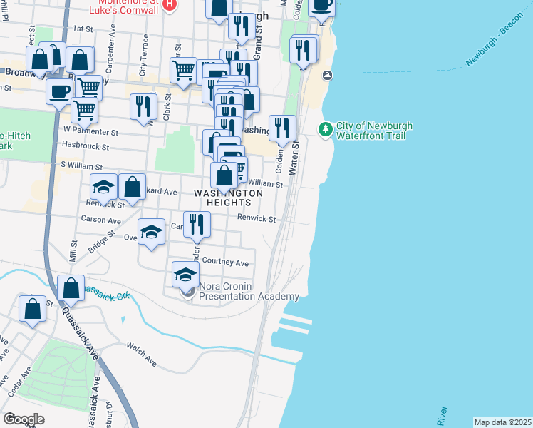 map of restaurants, bars, coffee shops, grocery stores, and more near 1 Colden Street in Newburgh