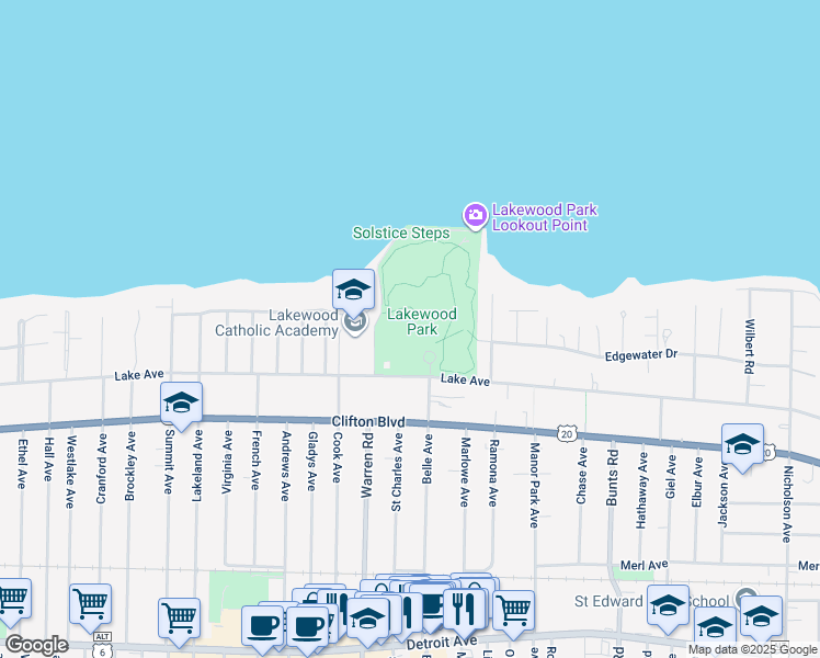 map of restaurants, bars, coffee shops, grocery stores, and more near 14532 Lake Avenue in Lakewood