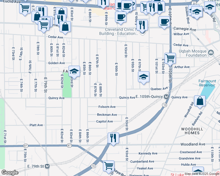 map of restaurants, bars, coffee shops, grocery stores, and more near 2335 East 89th Street in Cleveland