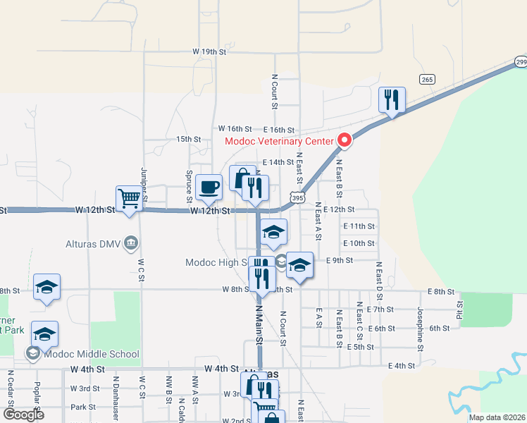 map of restaurants, bars, coffee shops, grocery stores, and more near California 299 in Alturas