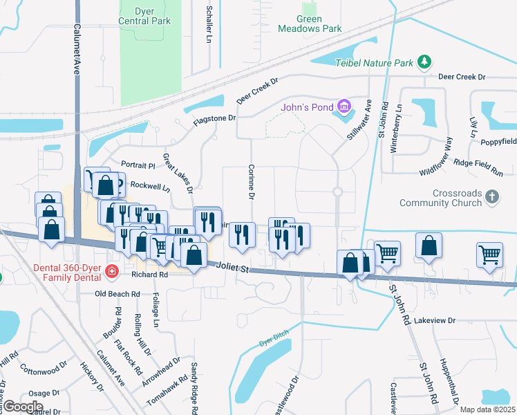 map of restaurants, bars, coffee shops, grocery stores, and more near 2027 Corinne Drive in Dyer