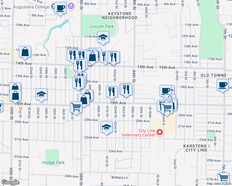 map of restaurants, bars, coffee shops, grocery stores, and more near 1537 42nd Street in Rock Island