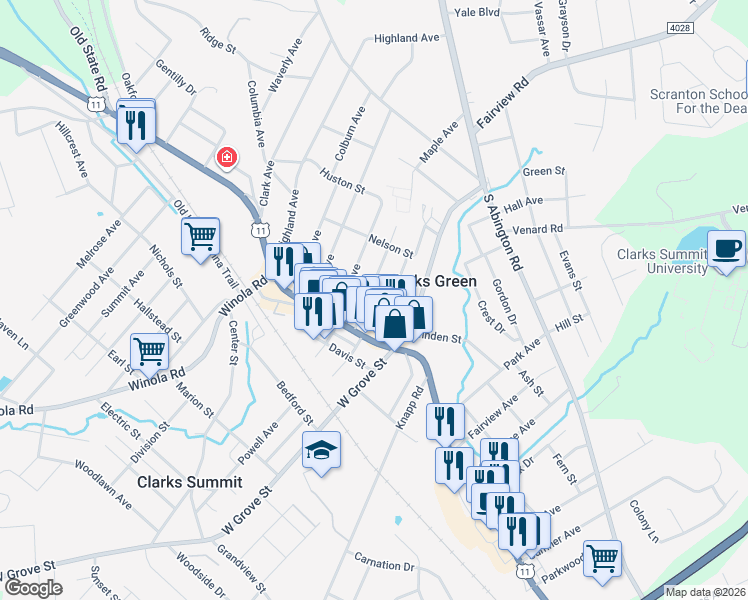map of restaurants, bars, coffee shops, grocery stores, and more near 200 Claremont Ave in Clarks Summit