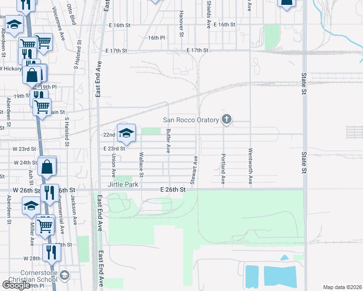 map of restaurants, bars, coffee shops, grocery stores, and more near 235 East 23rd Street in Chicago Heights