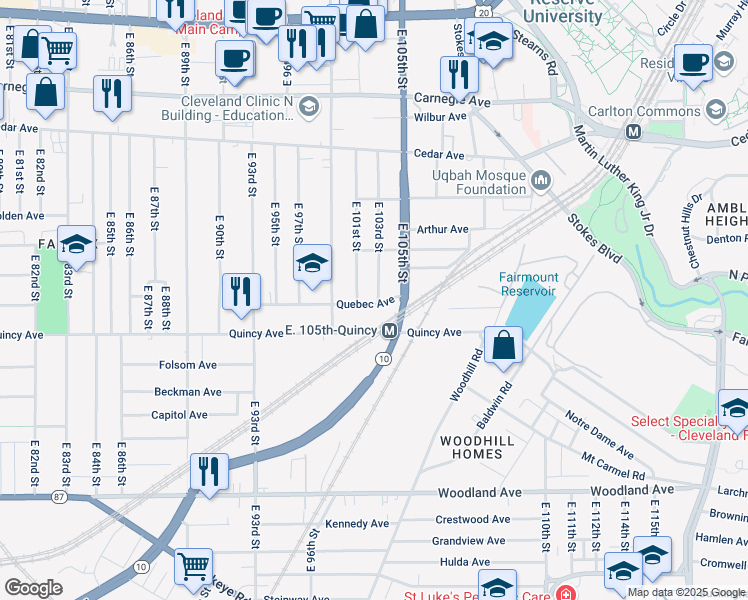 map of restaurants, bars, coffee shops, grocery stores, and more near 2326 East 103rd Street in Cleveland