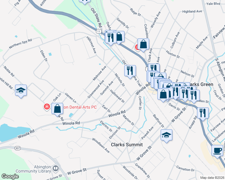 map of restaurants, bars, coffee shops, grocery stores, and more near 336 Sheridan Avenue in Clarks Summit